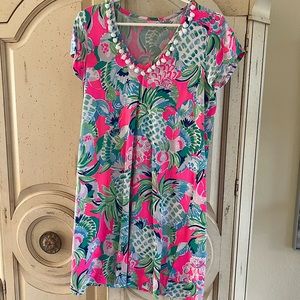 Lilly Pulitzer Bright Multi Color Printed V-Neck T Shirt Dress w/ Pom Poms